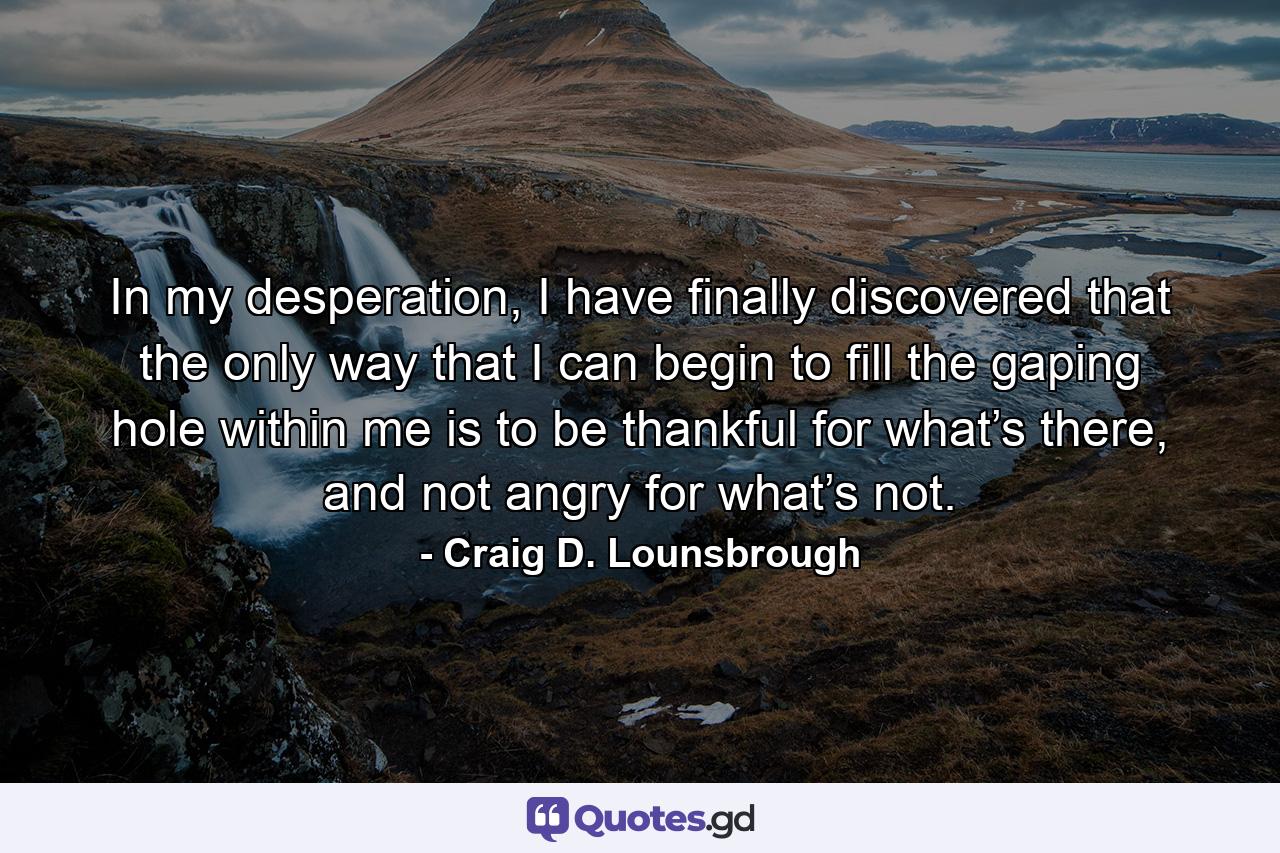 In my desperation, I have finally discovered that the only way that I can begin to fill the gaping hole within me is to be thankful for what’s there, and not angry for what’s not. - Quote by Craig D. Lounsbrough