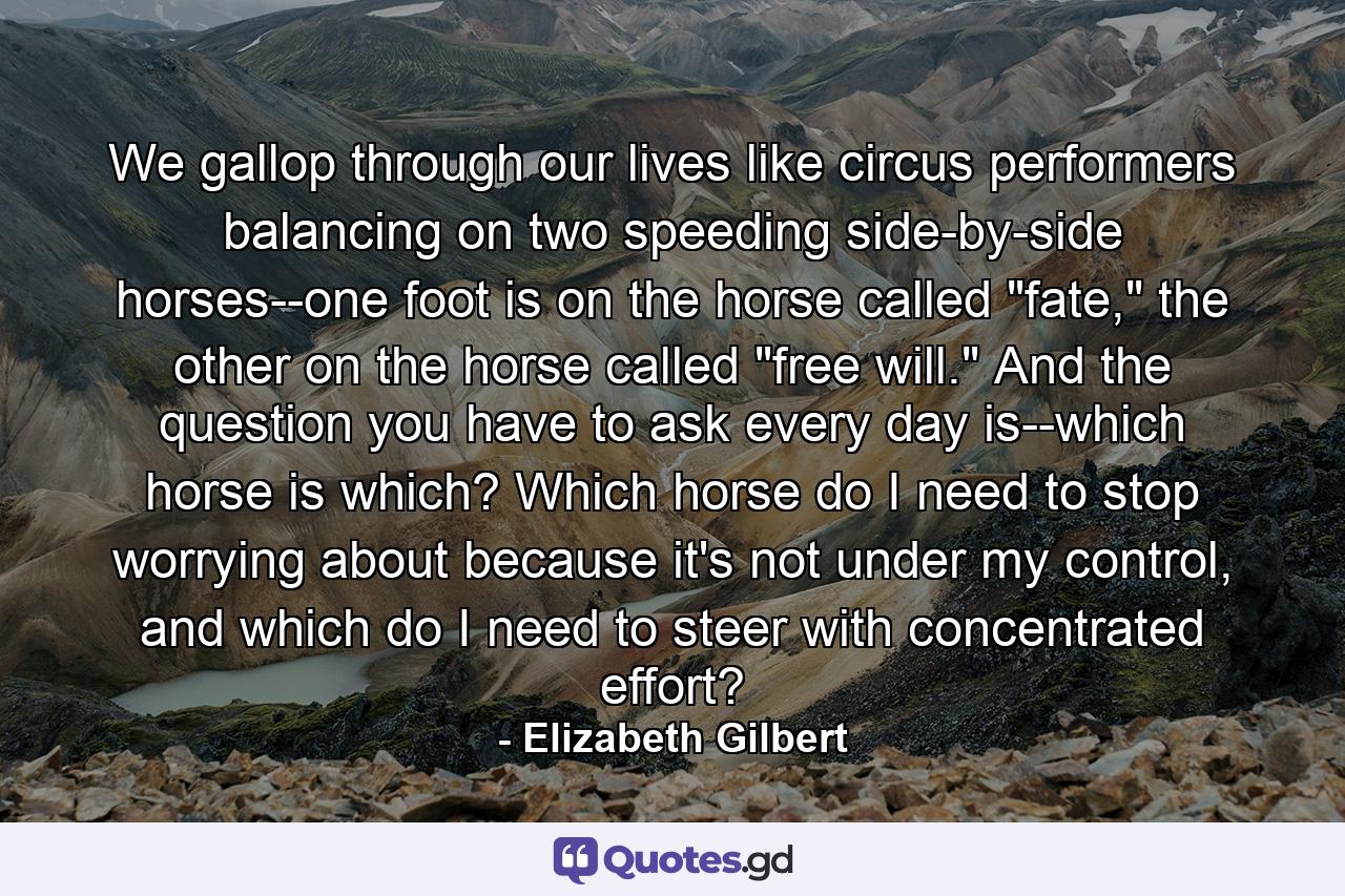 We gallop through our lives like circus performers balancing on two speeding side-by-side horses--one foot is on the horse called 