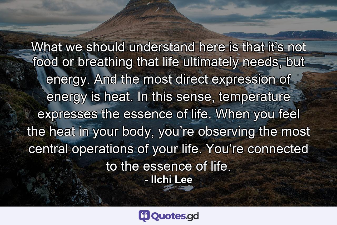 What we should understand here is that it’s not food or breathing that life ultimately needs, but energy. And the most direct expression of energy is heat. In this sense, temperature expresses the essence of life. When you feel the heat in your body, you’re observing the most central operations of your life. You’re connected to the essence of life. - Quote by Ilchi Lee