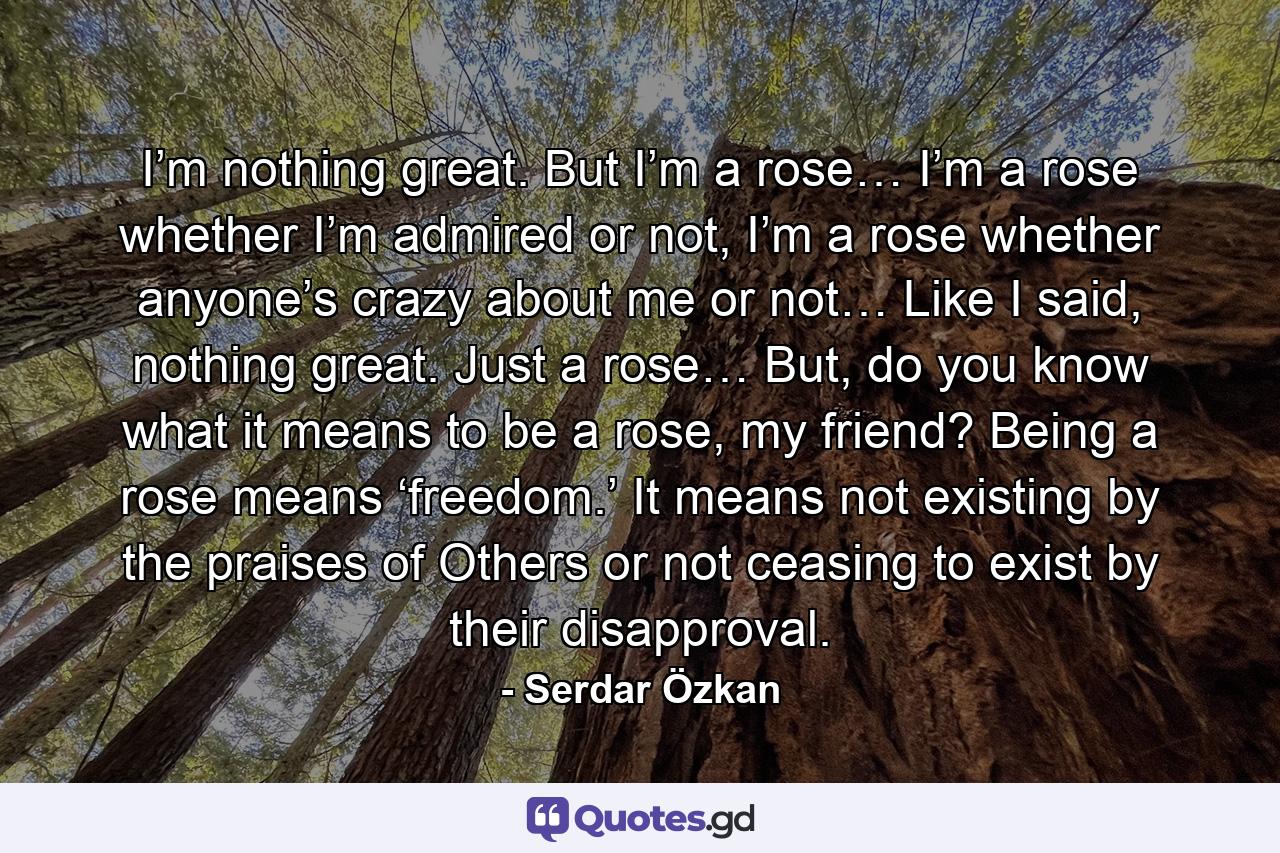 I’m nothing great. But I’m a rose… I’m a rose whether I’m admired or not, I’m a rose whether anyone’s crazy about me or not… Like I said, nothing great. Just a rose… But, do you know what it means to be a rose, my friend? Being a rose means ‘freedom.’ It means not existing by the praises of Others or not ceasing to exist by their disapproval. - Quote by Serdar Özkan