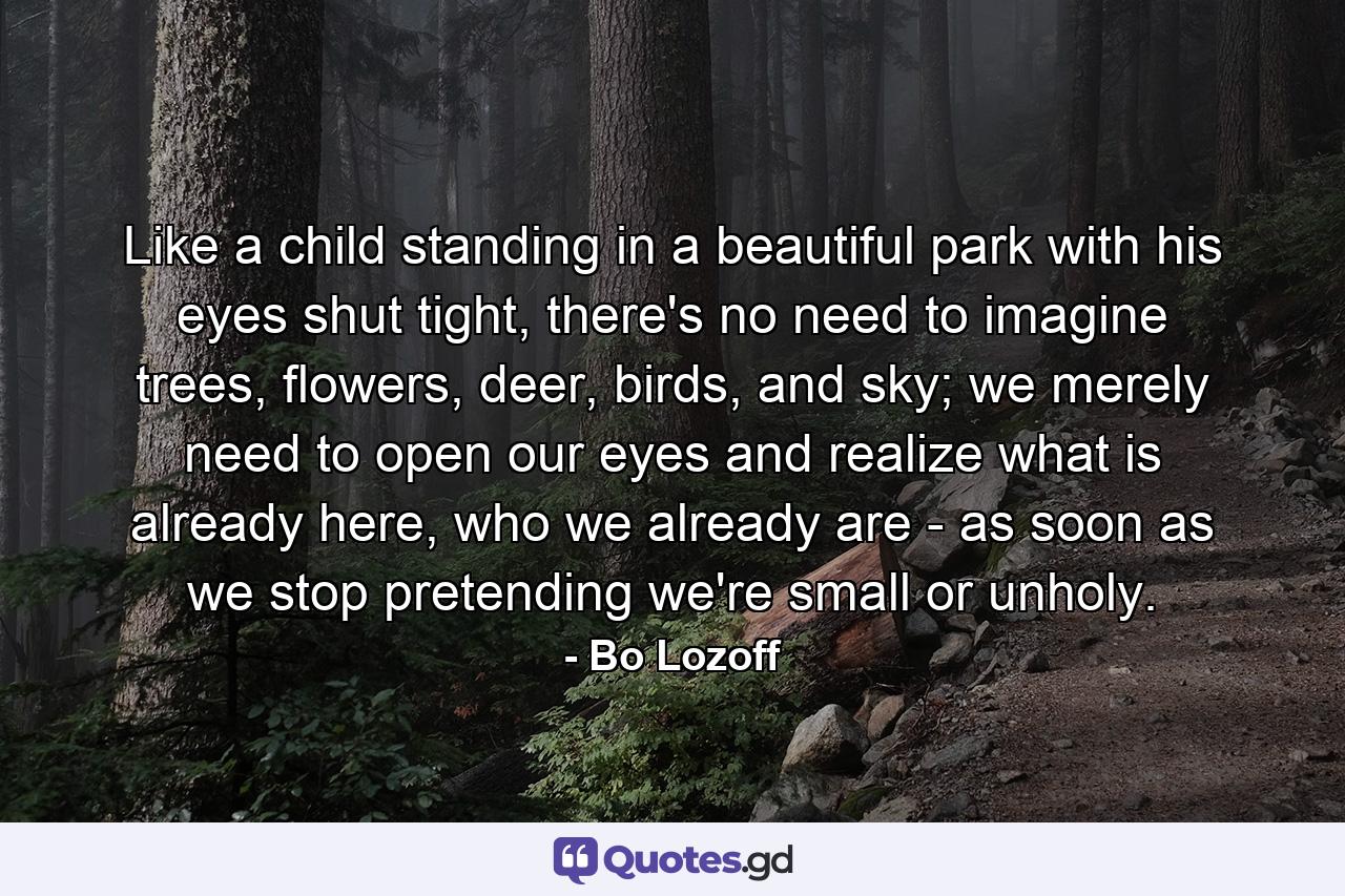 Like a child standing in a beautiful park with his eyes shut tight, there's no need to imagine trees, flowers, deer, birds, and sky; we merely need to open our eyes and realize what is already here, who we already are - as soon as we stop pretending we're small or unholy. - Quote by Bo Lozoff