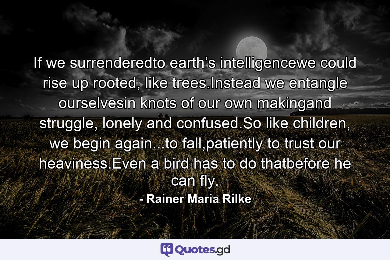 If we surrenderedto earth’s intelligencewe could rise up rooted, like trees.Instead we entangle ourselvesin knots of our own makingand struggle, lonely and confused.So like children, we begin again...to fall,patiently to trust our heaviness.Even a bird has to do thatbefore he can fly. - Quote by Rainer Maria Rilke