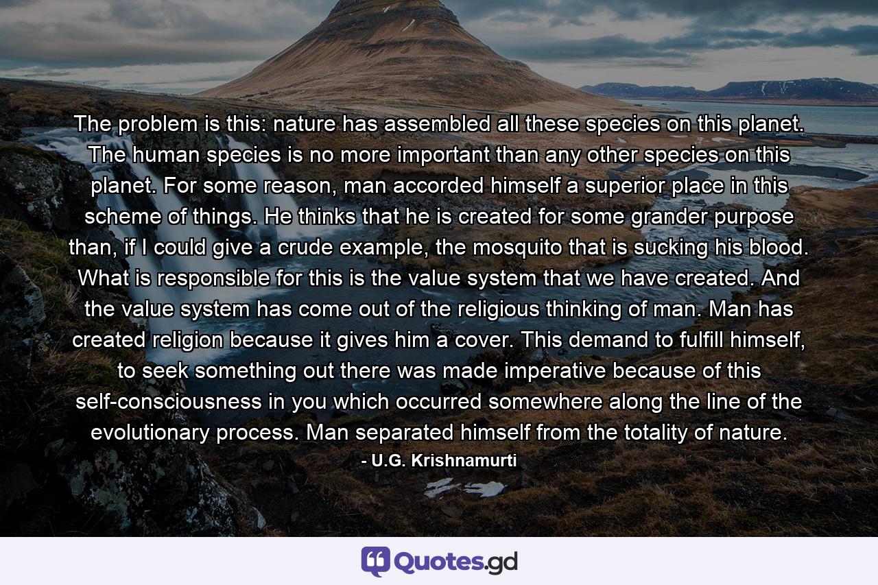 The problem is this: nature has assembled all these species on this planet. The human species is no more important than any other species on this planet. For some reason, man accorded himself a superior place in this scheme of things. He thinks that he is created for some grander purpose than, if I could give a crude example, the mosquito that is sucking his blood. What is responsible for this is the value system that we have created. And the value system has come out of the religious thinking of man. Man has created religion because it gives him a cover. This demand to fulfill himself, to seek something out there was made imperative because of this self-consciousness in you which occurred somewhere along the line of the evolutionary process. Man separated himself from the totality of nature. - Quote by U.G. Krishnamurti