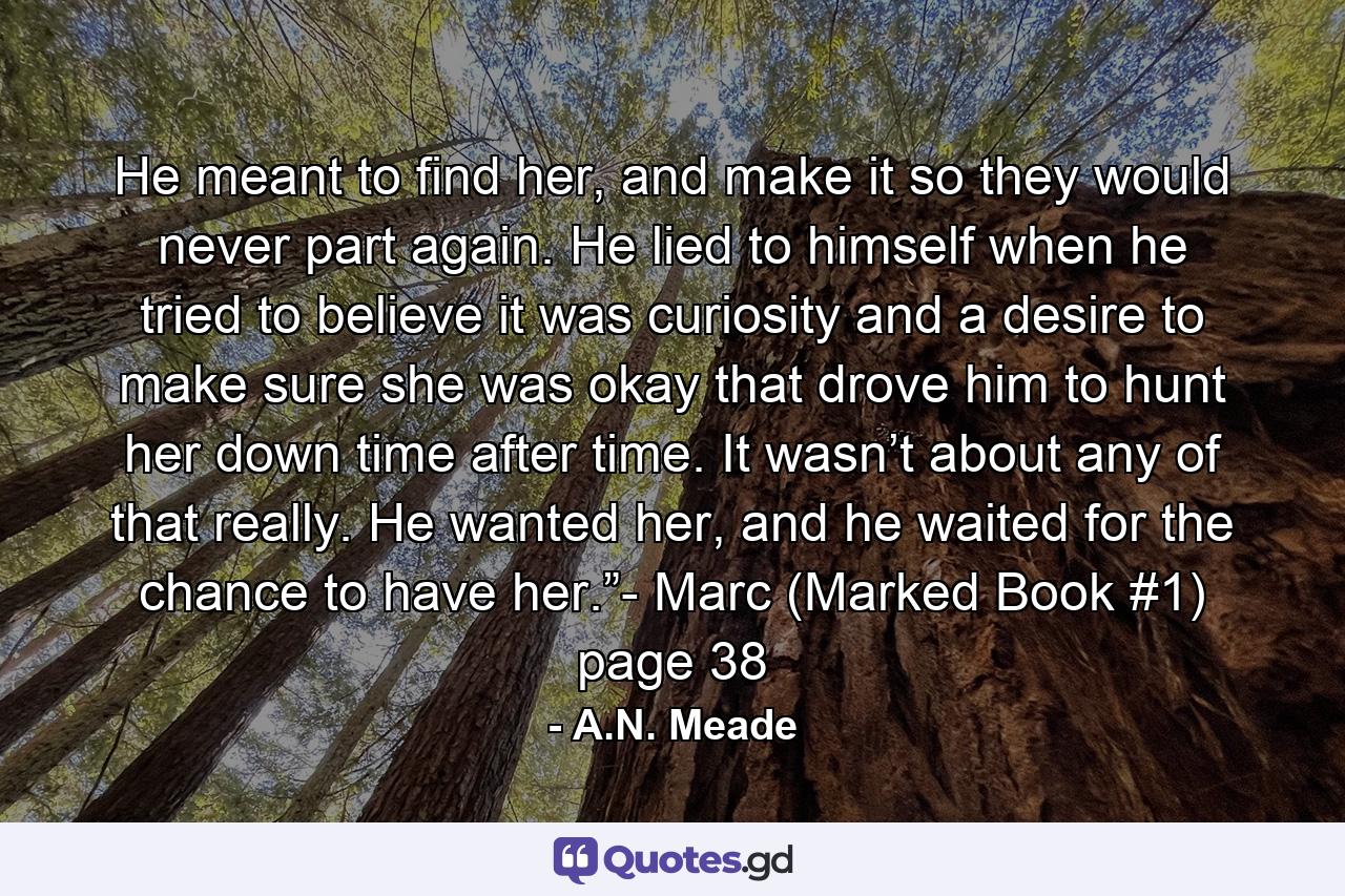 He meant to find her, and make it so they would never part again. He lied to himself when he tried to believe it was curiosity and a desire to make sure she was okay that drove him to hunt her down time after time. It wasn’t about any of that really. He wanted her, and he waited for the chance to have her.”- Marc (Marked Book #1) page 38 - Quote by A.N. Meade