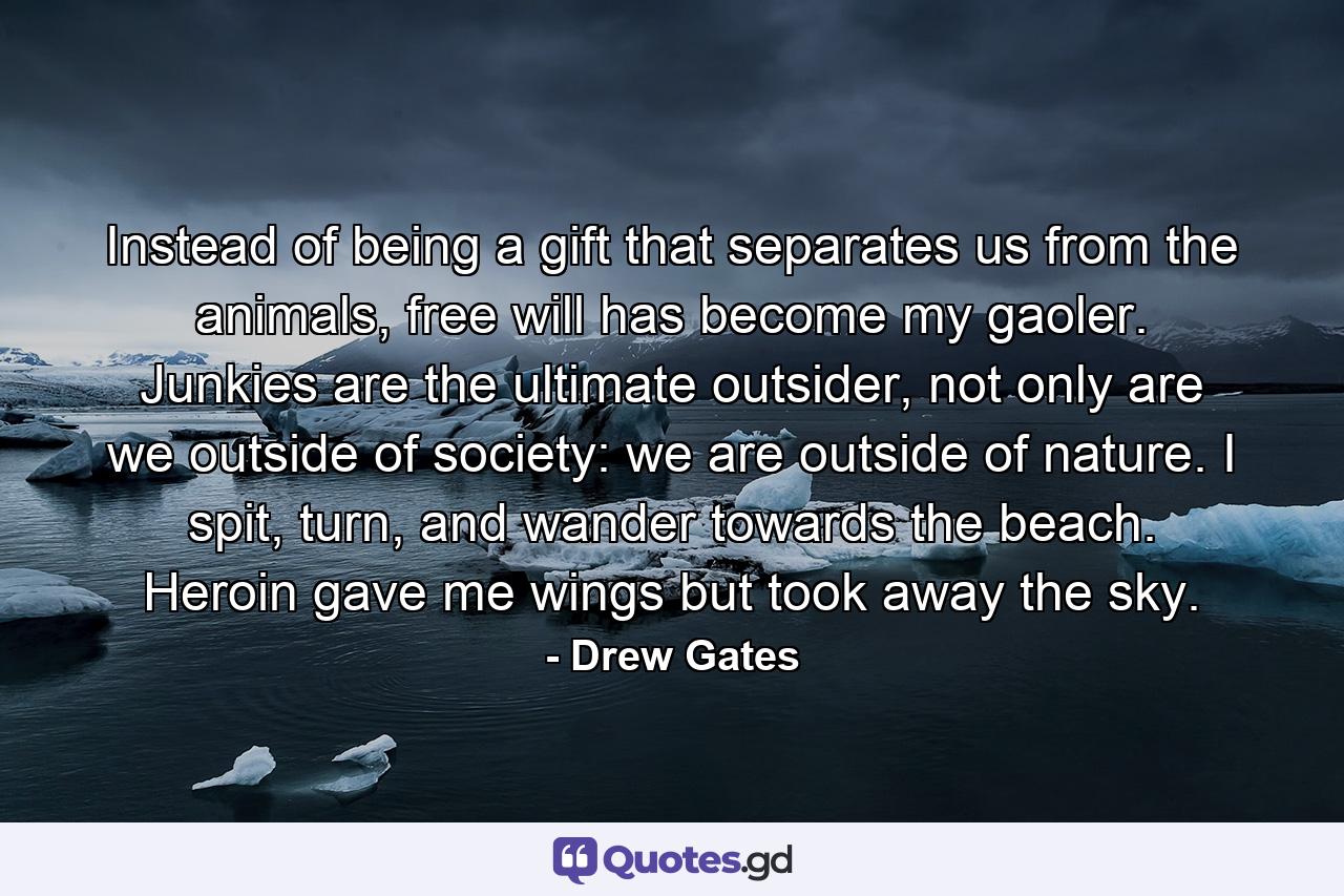 Instead of being a gift that separates us from the animals, free will has become my gaoler. Junkies are the ultimate outsider, not only are we outside of society: we are outside of nature. I spit, turn, and wander towards the beach. Heroin gave me wings but took away the sky. - Quote by Drew Gates