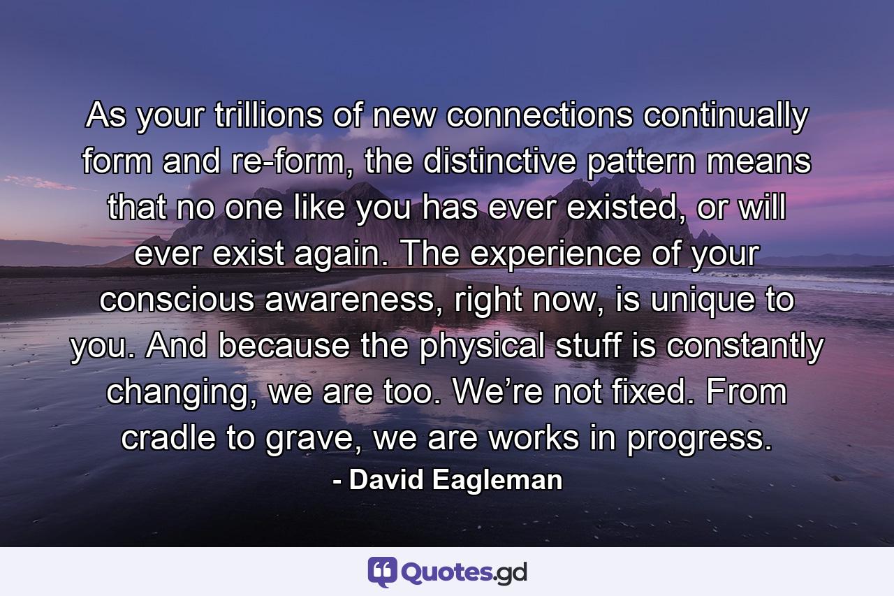 As your trillions of new connections continually form and re-form, the distinctive pattern means that no one like you has ever existed, or will ever exist again. The experience of your conscious awareness, right now, is unique to you. And because the physical stuff is constantly changing, we are too. We’re not fixed. From cradle to grave, we are works in progress. - Quote by David Eagleman