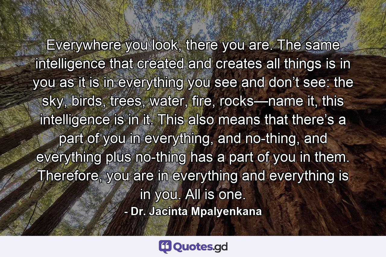 Everywhere you look, there you are. The same intelligence that created and creates all things is in you as it is in everything you see and don’t see: the sky, birds, trees, water, fire, rocks—name it, this intelligence is in it. This also means that there’s a part of you in everything, and no-thing, and everything plus no-thing has a part of you in them. Therefore, you are in everything and everything is in you. All is one. - Quote by Dr. Jacinta Mpalyenkana