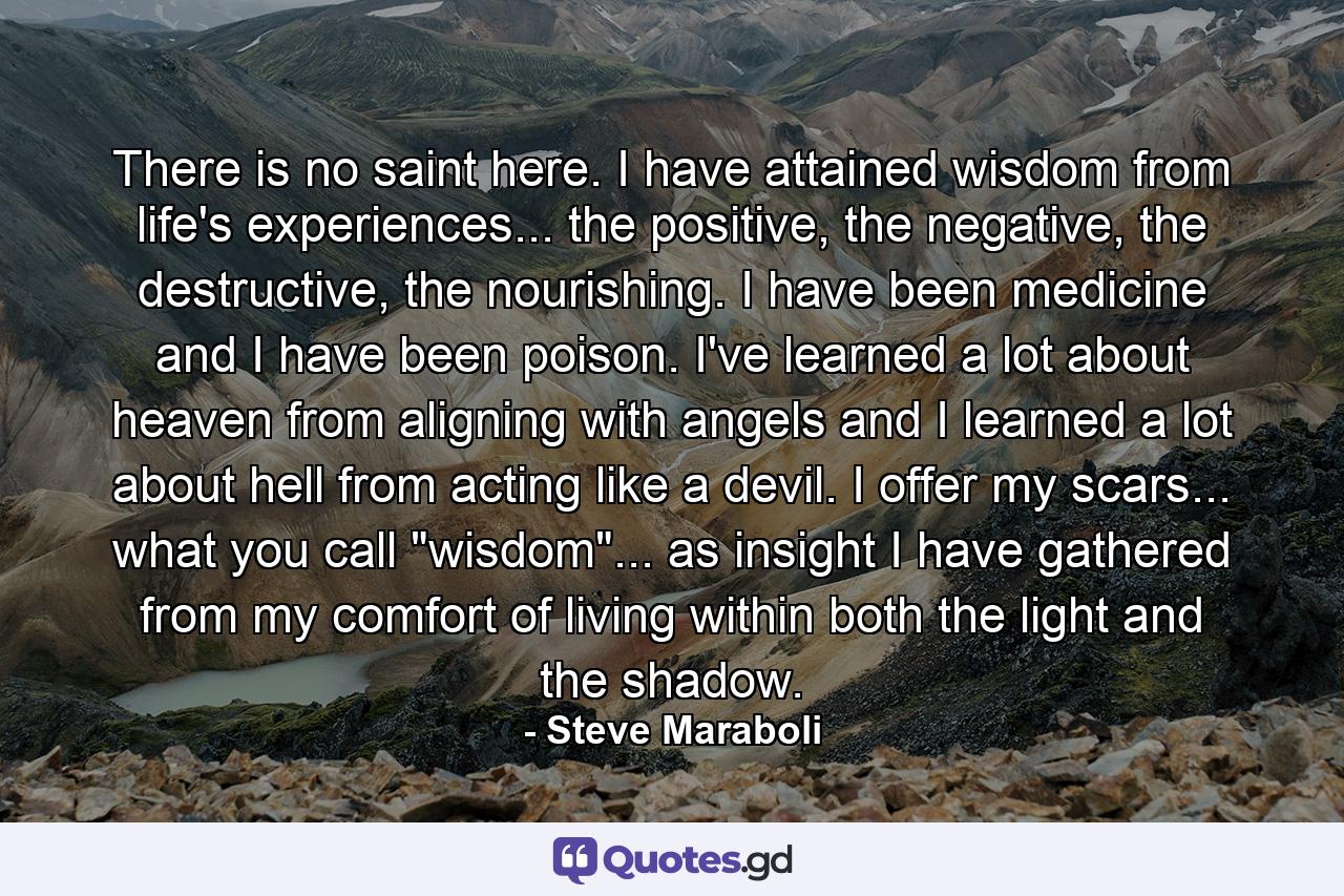 There is no saint here. I have attained wisdom from life's experiences... the positive, the negative, the destructive, the nourishing. I have been medicine and I have been poison. I've learned a lot about heaven from aligning with angels and I learned a lot about hell from acting like a devil. I offer my scars... what you call 