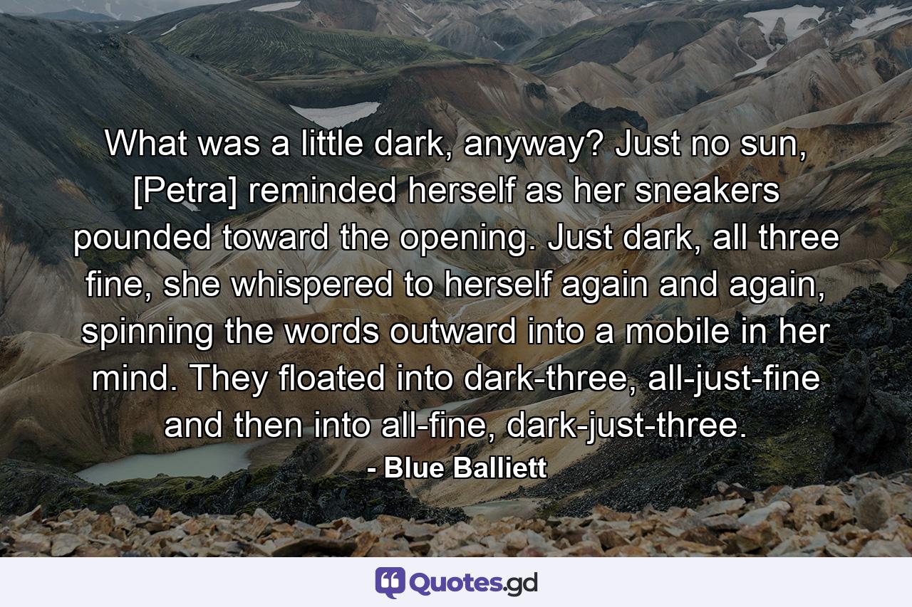 What was a little dark, anyway? Just no sun, [Petra] reminded herself as her sneakers pounded toward the opening. Just dark, all three fine, she whispered to herself again and again, spinning the words outward into a mobile in her mind. They floated into dark-three, all-just-fine and then into all-fine, dark-just-three. - Quote by Blue Balliett