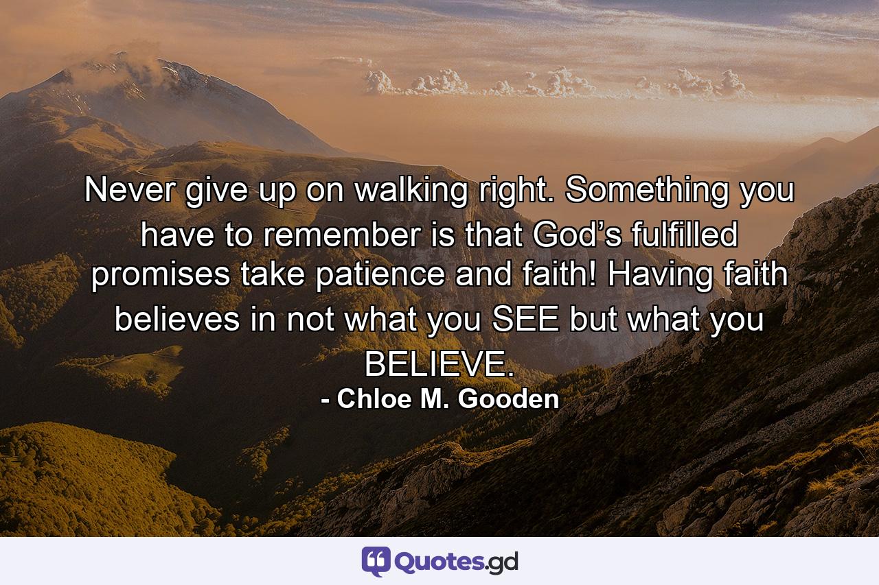 Never give up on walking right. Something you have to remember is that God’s fulfilled promises take patience and faith! Having faith believes in not what you SEE but what you BELIEVE. - Quote by Chloe M. Gooden