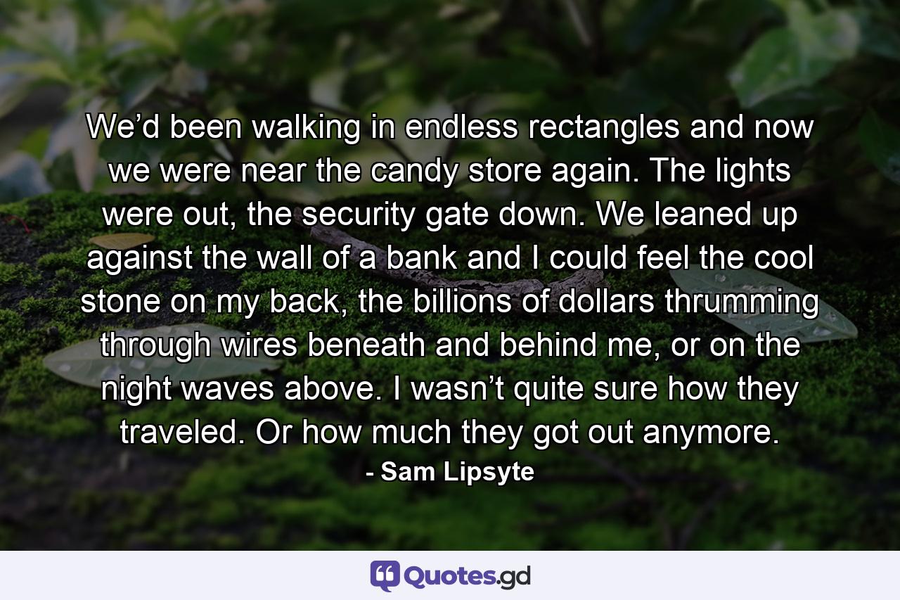 We’d been walking in endless rectangles and now we were near the candy store again. The lights were out, the security gate down. We leaned up against the wall of a bank and I could feel the cool stone on my back, the billions of dollars thrumming through wires beneath and behind me, or on the night waves above. I wasn’t quite sure how they traveled. Or how much they got out anymore. - Quote by Sam Lipsyte