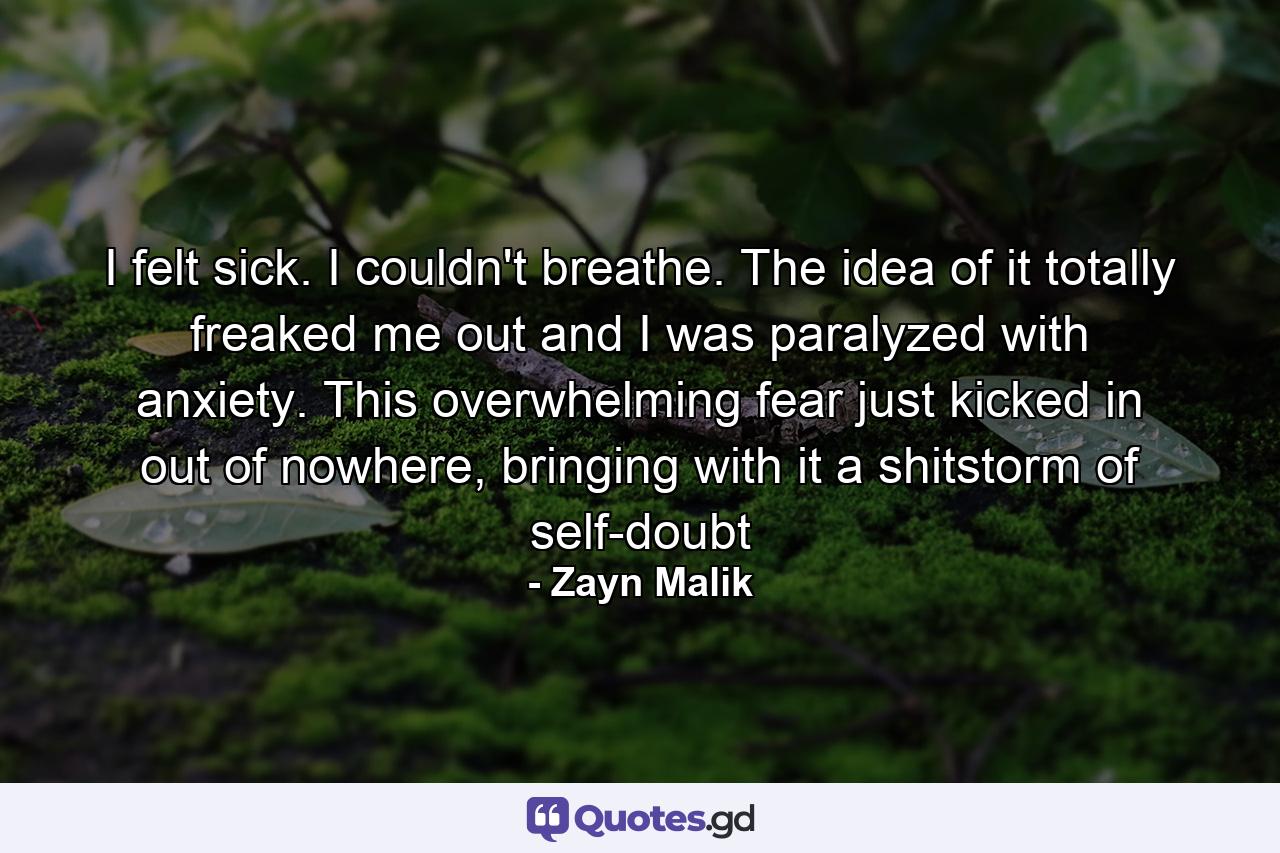 I felt sick. I couldn't breathe. The idea of it totally freaked me out and I was paralyzed with anxiety. This overwhelming fear just kicked in out of nowhere, bringing with it a shitstorm of self-doubt - Quote by Zayn Malik