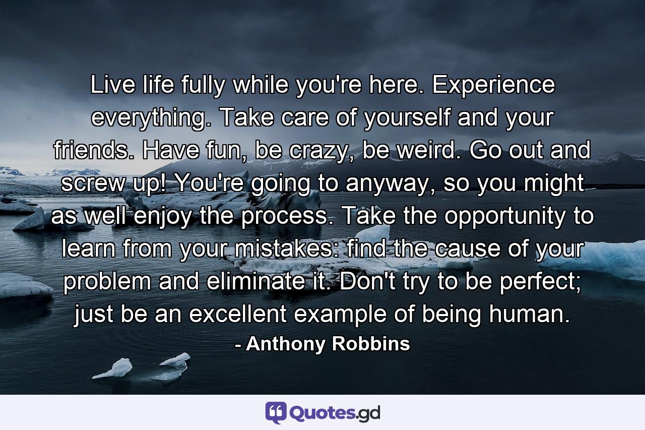 Live life fully while you're here. Experience everything. Take care of yourself and your friends. Have fun, be crazy, be weird. Go out and screw up! You're going to anyway, so you might as well enjoy the process. Take the opportunity to learn from your mistakes: find the cause of your problem and eliminate it. Don't try to be perfect; just be an excellent example of being human. - Quote by Anthony Robbins