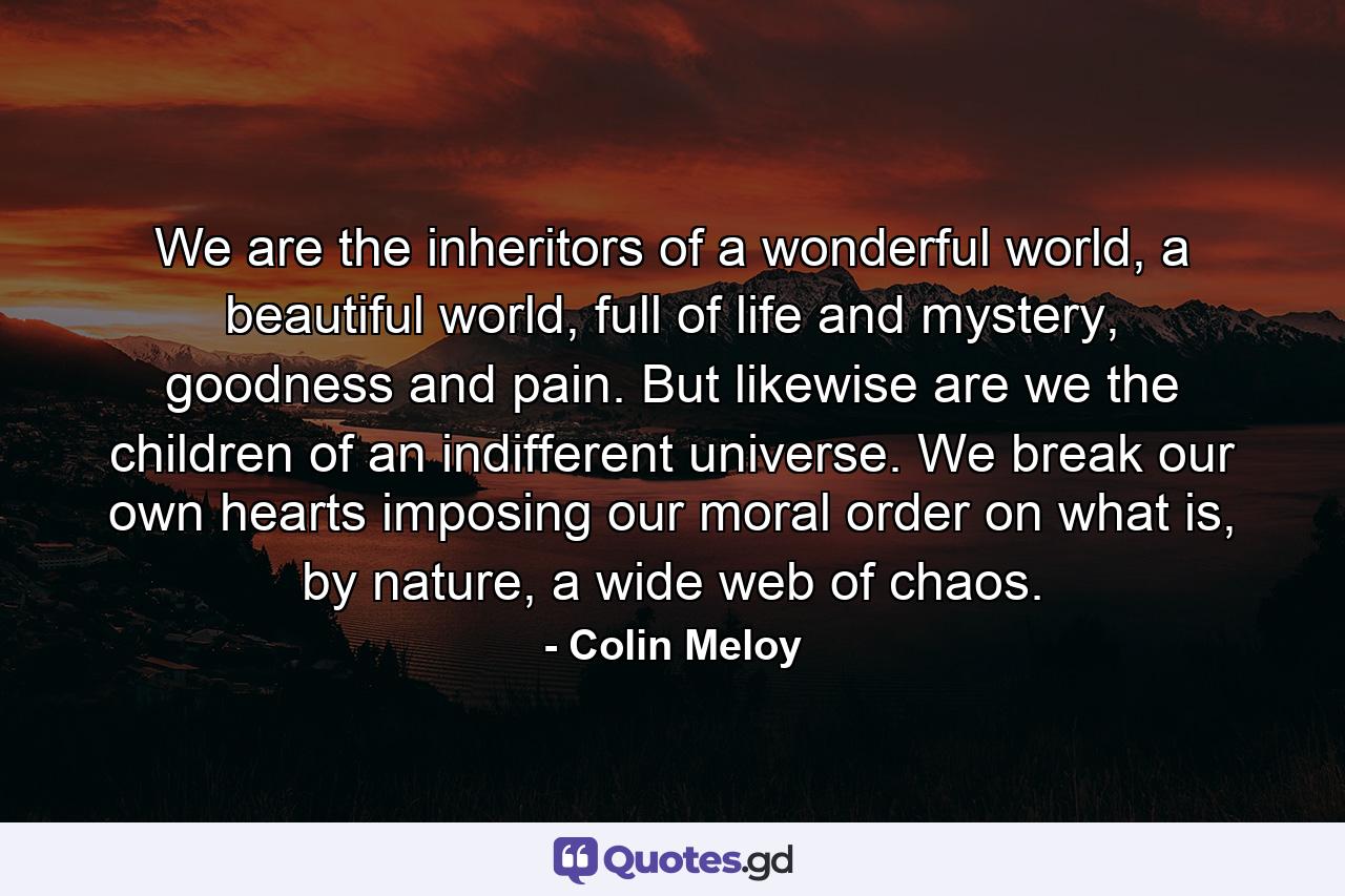 We are the inheritors of a wonderful world, a beautiful world, full of life and mystery, goodness and pain. But likewise are we the children of an indifferent universe. We break our own hearts imposing our moral order on what is, by nature, a wide web of chaos. - Quote by Colin Meloy