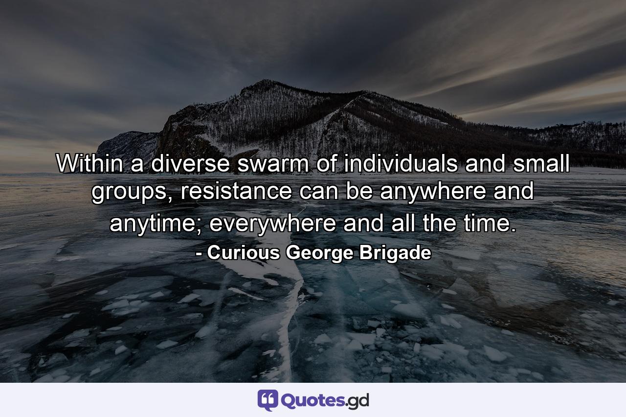 Within a diverse swarm of individuals and small groups, resistance can be anywhere and anytime; everywhere and all the time. - Quote by Curious George Brigade