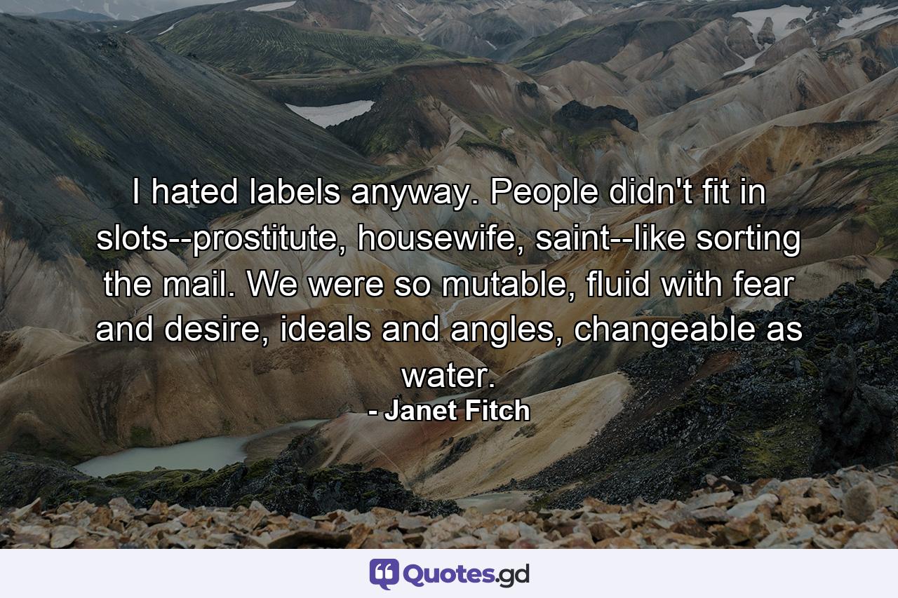 I hated labels anyway. People didn't fit in slots--prostitute, housewife, saint--like sorting the mail. We were so mutable, fluid with fear and desire, ideals and angles, changeable as water. - Quote by Janet Fitch