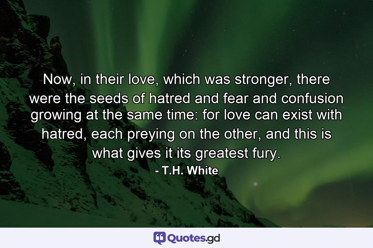 Now, in their love, which was stronger, there were the seeds of hatred and fear and confusion growing at the same time: for love can exist with hatred, each preying on the other, and this is what gives it its greatest fury. - Quote by T.H. White