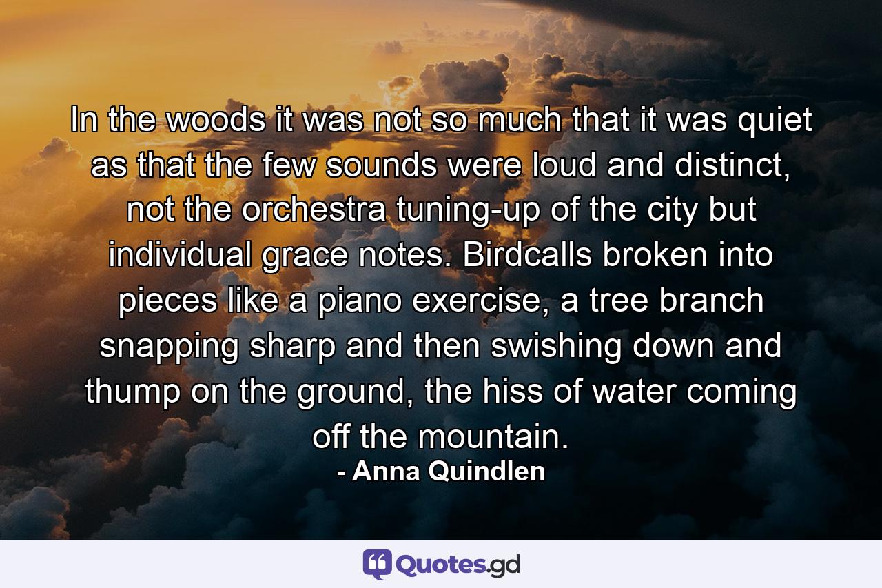 In the woods it was not so much that it was quiet as that the few sounds were loud and distinct, not the orchestra tuning-up of the city but individual grace notes. Birdcalls broken into pieces like a piano exercise, a tree branch snapping sharp and then swishing down and thump on the ground, the hiss of water coming off the mountain. - Quote by Anna Quindlen