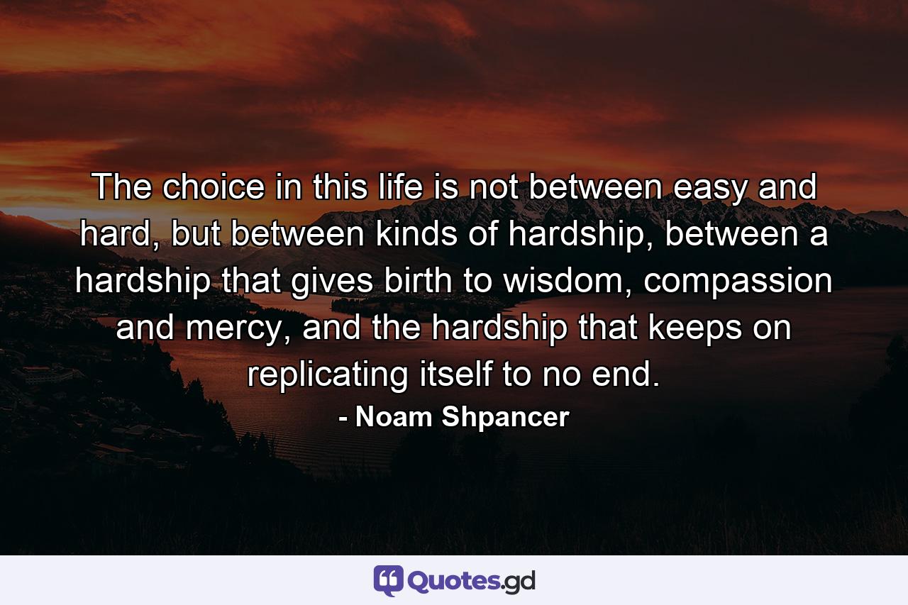 The choice in this life is not between easy and hard, but between kinds of hardship, between a hardship that gives birth to wisdom, compassion and mercy, and the hardship that keeps on replicating itself to no end. - Quote by Noam Shpancer