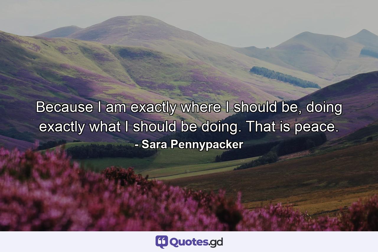 Because I am exactly where I should be, doing exactly what I should be doing. That is peace. - Quote by Sara Pennypacker