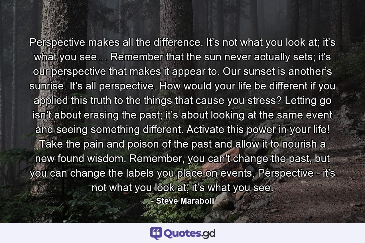 Perspective makes all the difference. It’s not what you look at; it’s what you see… Remember that the sun never actually sets; it's our perspective that makes it appear to. Our sunset is another’s sunrise. It's all perspective. How would your life be different if you applied this truth to the things that cause you stress? Letting go isn’t about erasing the past; it’s about looking at the same event and seeing something different. Activate this power in your life! Take the pain and poison of the past and allow it to nourish a new found wisdom. Remember, you can't change the past, but you can change the labels you place on events. Perspective - it’s not what you look at; it’s what you see. - Quote by Steve Maraboli