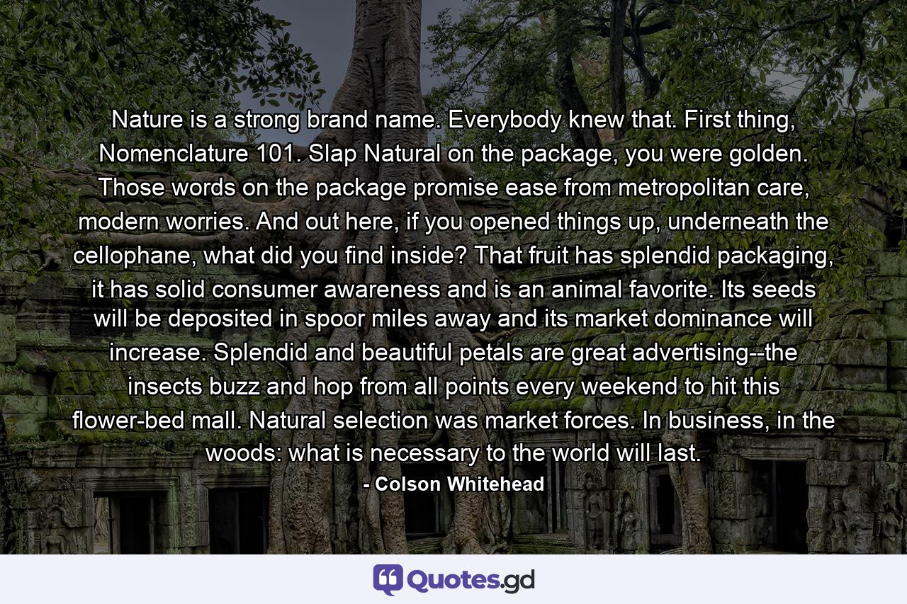 Nature is a strong brand name. Everybody knew that. First thing, Nomenclature 101. Slap Natural on the package, you were golden. Those words on the package promise ease from metropolitan care, modern worries. And out here, if you opened things up, underneath the cellophane, what did you find inside? That fruit has splendid packaging, it has solid consumer awareness and is an animal favorite. Its seeds will be deposited in spoor miles away and its market dominance will increase. Splendid and beautiful petals are great advertising--the insects buzz and hop from all points every weekend to hit this flower-bed mall. Natural selection was market forces. In business, in the woods: what is necessary to the world will last. - Quote by Colson Whitehead
