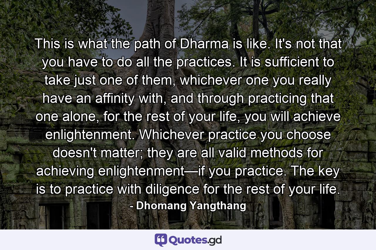 This is what the path of Dharma is like. It's not that you have to do all the practices. It is sufficient to take just one of them, whichever one you really have an affinity with, and through practicing that one alone, for the rest of your life, you will achieve enlightenment. Whichever practice you choose doesn't matter; they are all valid methods for achieving enlightenment—if you practice. The key is to practice with diligence for the rest of your life. - Quote by Dhomang Yangthang