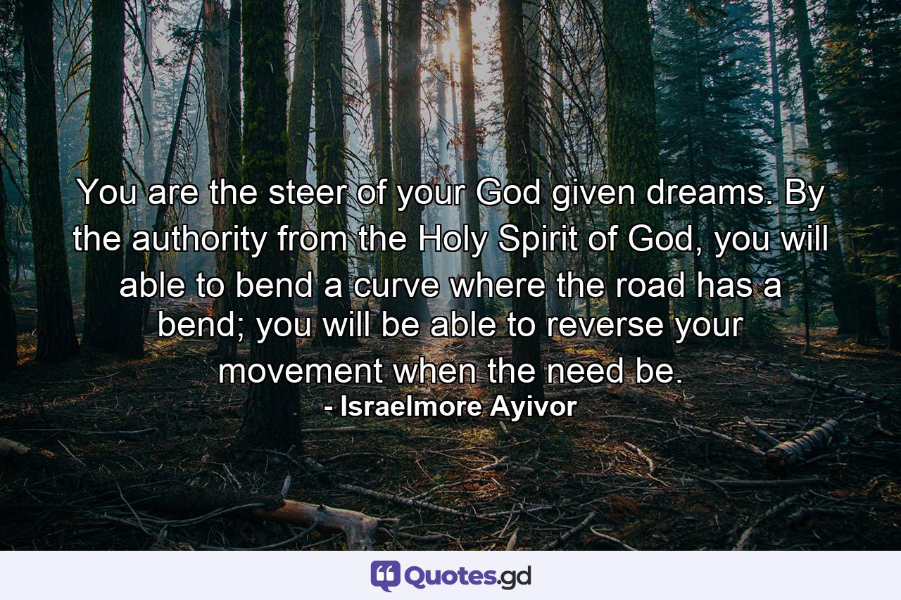 You are the steer of your God given dreams. By the authority from the Holy Spirit of God, you will able to bend a curve where the road has a bend; you will be able to reverse your movement when the need be. - Quote by Israelmore Ayivor