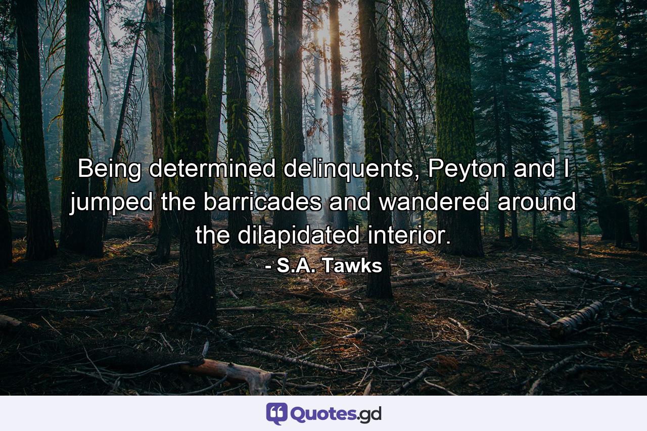 Being determined delinquents, Peyton and I jumped the barricades and wandered around the dilapidated interior. - Quote by S.A. Tawks