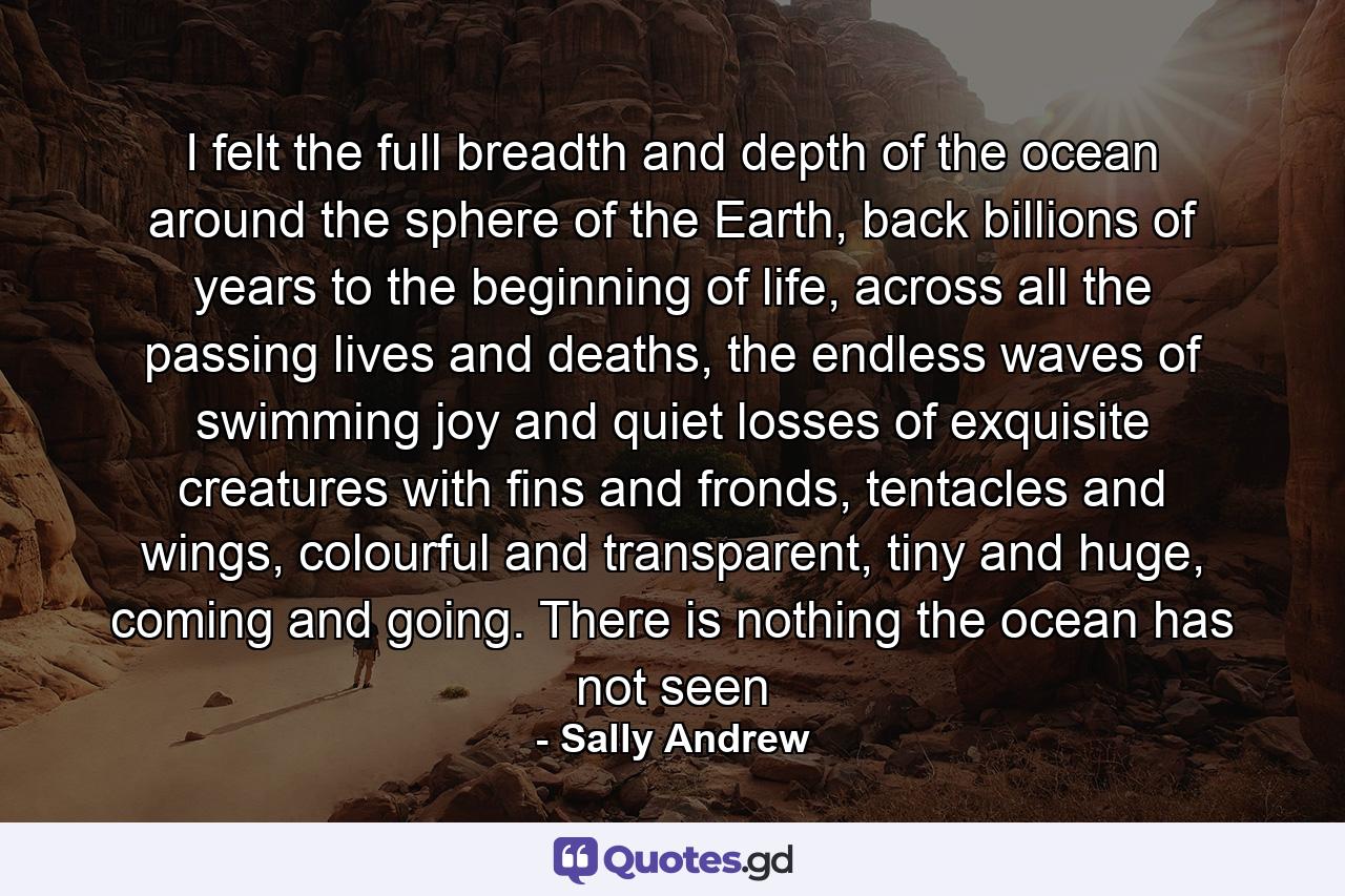 I felt the full breadth and depth of the ocean around the sphere of the Earth, back billions of years to the beginning of life, across all the passing lives and deaths, the endless waves of swimming joy and quiet losses of exquisite creatures with fins and fronds, tentacles and wings, colourful and transparent, tiny and huge, coming and going. There is nothing the ocean has not seen - Quote by Sally Andrew