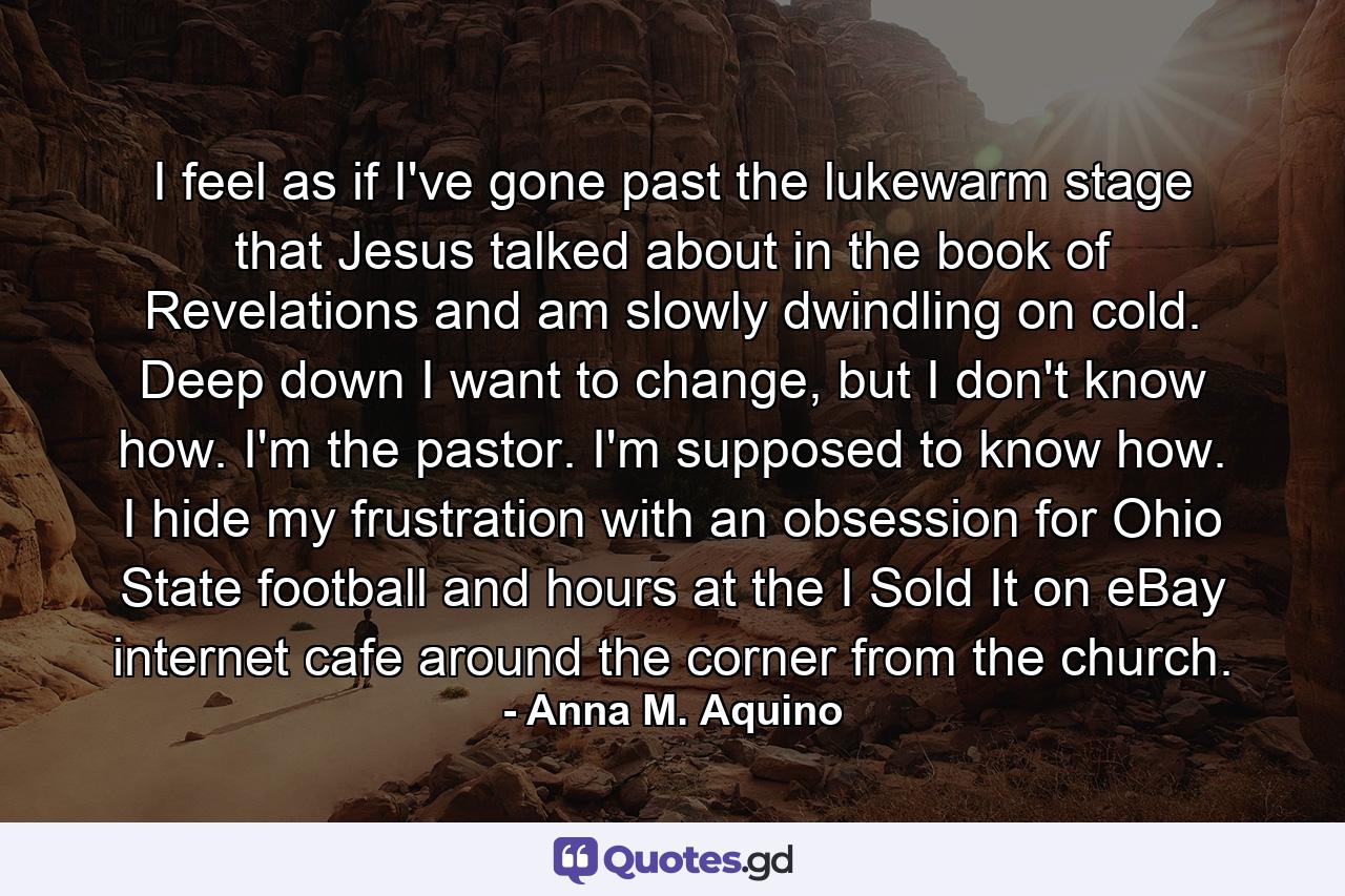 I feel as if I've gone past the lukewarm stage that Jesus talked about in the book of Revelations and am slowly dwindling on cold. Deep down I want to change, but I don't know how. I'm the pastor. I'm supposed to know how. I hide my frustration with an obsession for Ohio State football and hours at the I Sold It on eBay internet cafe around the corner from the church. - Quote by Anna M. Aquino