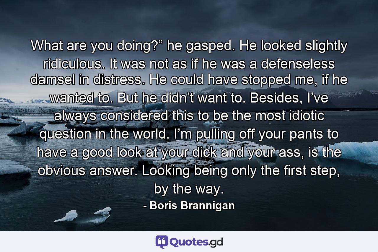 What are you doing?” he gasped. He looked slightly ridiculous. It was not as if he was a defenseless damsel in distress. He could have stopped me, if he wanted to. But he didn’t want to. Besides, I’ve always considered this to be the most idiotic question in the world. I’m pulling off your pants to have a good look at your dick and your ass, is the obvious answer. Looking being only the first step, by the way. - Quote by Boris Brannigan