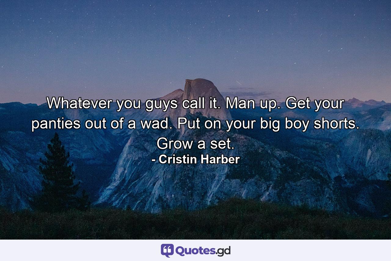 Whatever you guys call it. Man up. Get your panties out of a wad. Put on your big boy shorts. Grow a set. - Quote by Cristin Harber