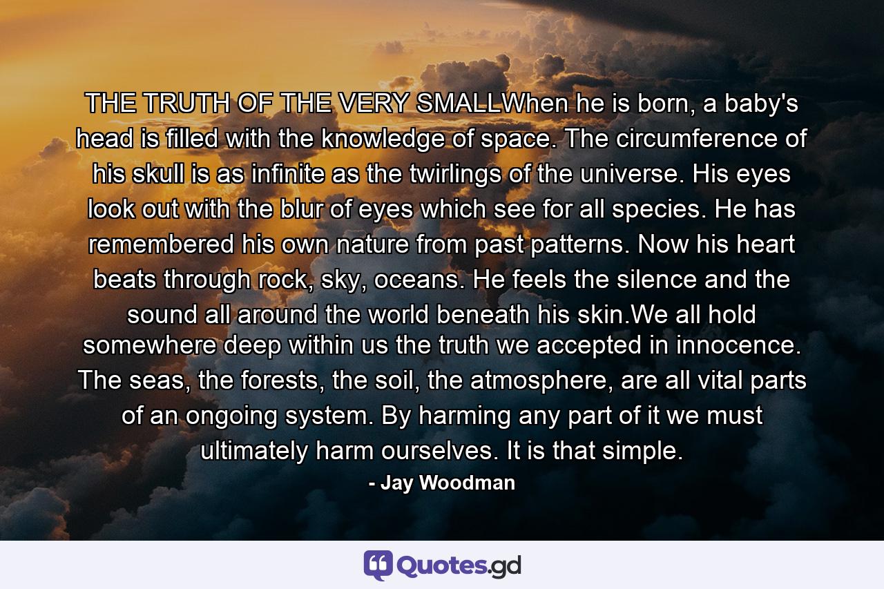 THE TRUTH OF THE VERY SMALLWhen he is born, a baby's head is filled with the knowledge of space. The circumference of his skull is as infinite as the twirlings of the universe. His eyes look out with the blur of eyes which see for all species. He has remembered his own nature from past patterns. Now his heart beats through rock, sky, oceans. He feels the silence and the sound all around the world beneath his skin.We all hold somewhere deep within us the truth we accepted in innocence. The seas, the forests, the soil, the atmosphere, are all vital parts of an ongoing system. By harming any part of it we must ultimately harm ourselves. It is that simple. - Quote by Jay Woodman