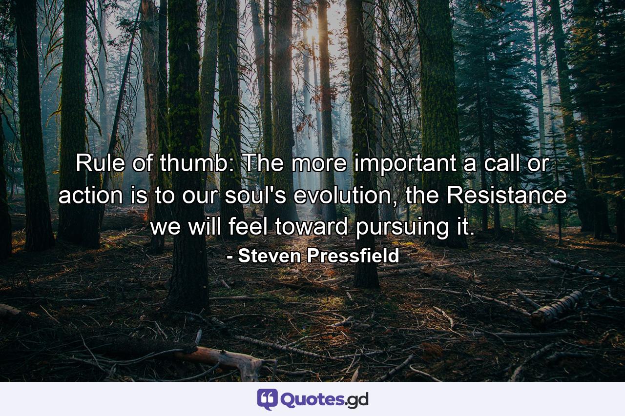 Rule of thumb: The more important a call or action is to our soul's evolution, the Resistance we will feel toward pursuing it. - Quote by Steven Pressfield