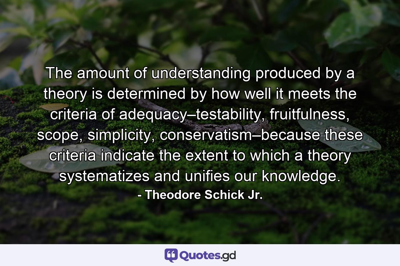 The amount of understanding produced by a theory is determined by how well it meets the criteria of adequacy–testability, fruitfulness, scope, simplicity, conservatism–because these criteria indicate the extent to which a theory systematizes and unifies our knowledge. - Quote by Theodore Schick Jr.