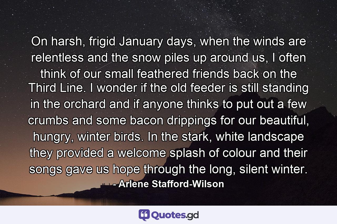 On harsh, frigid January days, when the winds are relentless and the snow piles up around us, I often think of our small feathered friends back on the Third Line. I wonder if the old feeder is still standing in the orchard and if anyone thinks to put out a few crumbs and some bacon drippings for our beautiful, hungry, winter birds. In the stark, white landscape they provided a welcome splash of colour and their songs gave us hope through the long, silent winter. - Quote by Arlene Stafford-Wilson