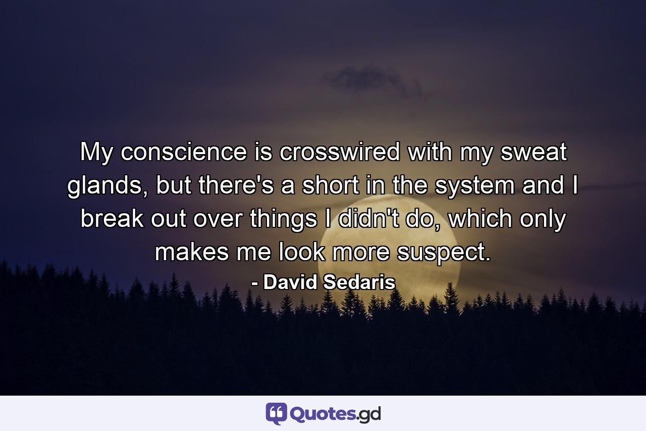 My conscience is crosswired with my sweat glands, but there's a short in the system and I break out over things I didn't do, which only makes me look more suspect. - Quote by David Sedaris