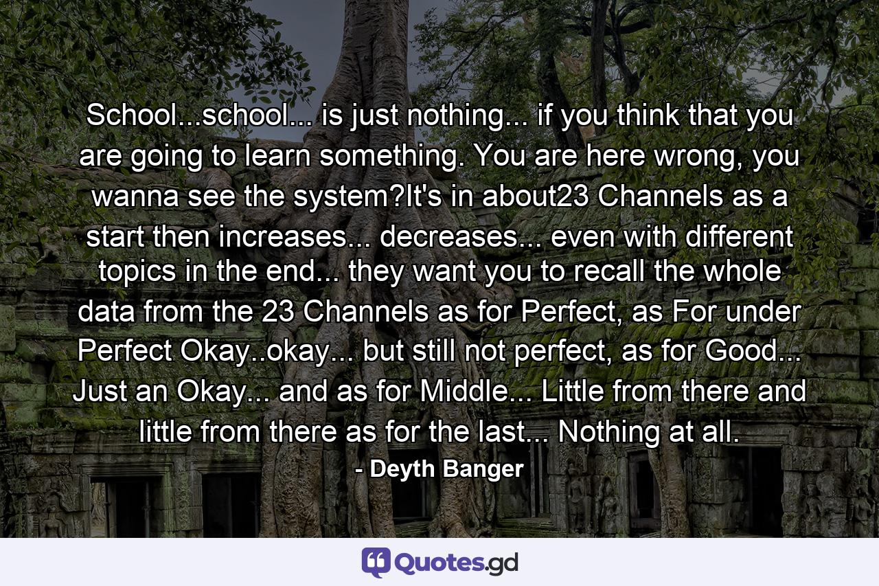 School...school... is just nothing... if you think that you are going to learn something. You are here wrong, you wanna see the system?It's in about23 Channels as a start then increases... decreases... even with different topics in the end... they want you to recall the whole data from the 23 Channels as for Perfect, as For under Perfect Okay..okay... but still not perfect, as for Good... Just an Okay... and as for Middle... Little from there and little from there as for the last... Nothing at all. - Quote by Deyth Banger