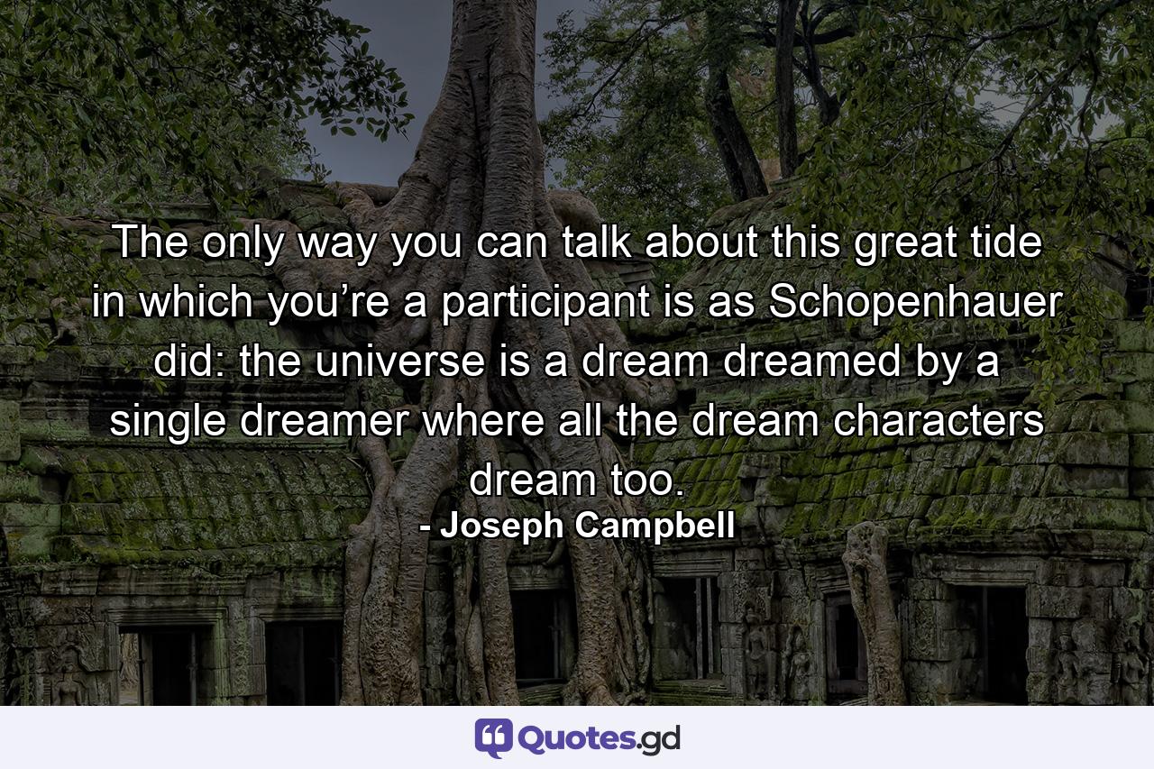 The only way you can talk about this great tide in which you’re a participant is as Schopenhauer did: the universe is a dream dreamed by a single dreamer where all the dream characters dream too. - Quote by Joseph Campbell