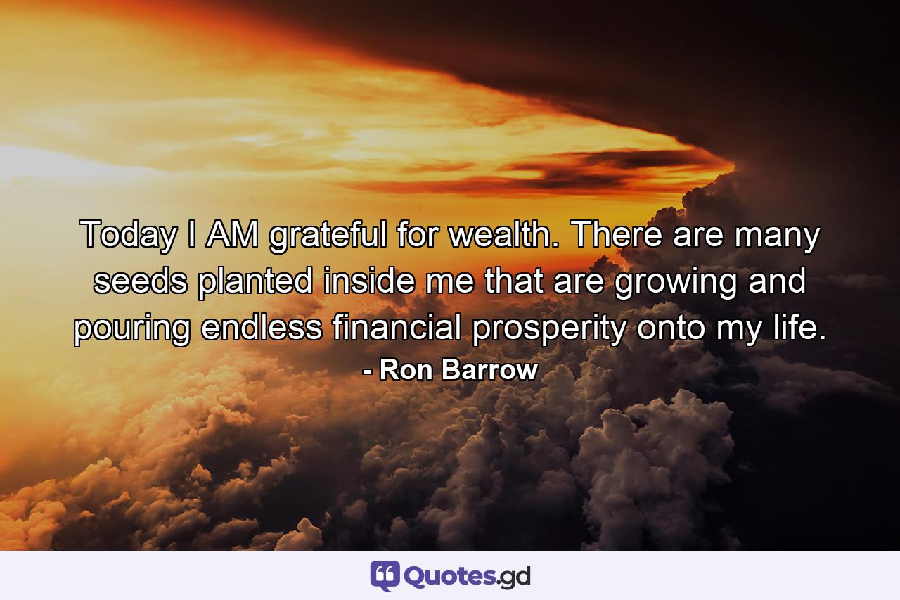 Today I AM grateful for wealth. There are many seeds planted inside me that are growing and pouring endless financial prosperity onto my life. - Quote by Ron Barrow