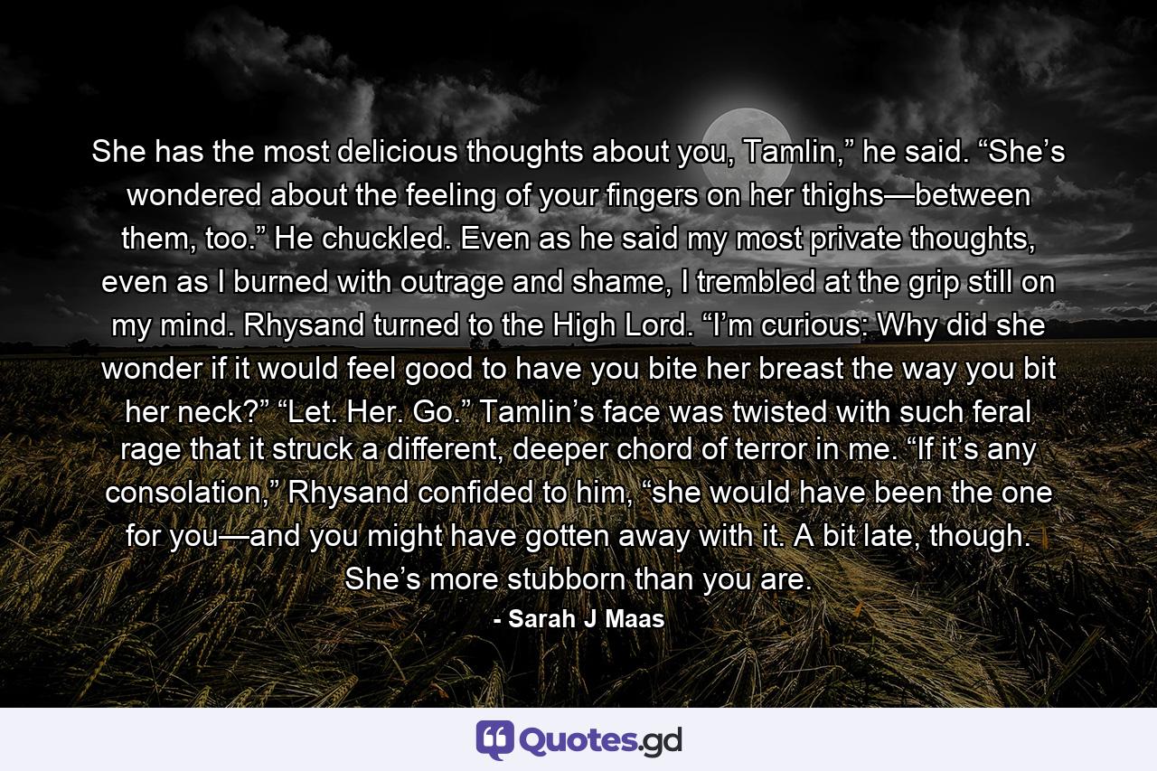 She has the most delicious thoughts about you, Tamlin,” he said. “She’s wondered about the feeling of your fingers on her thighs—between them, too.” He chuckled. Even as he said my most private thoughts, even as I burned with outrage and shame, I trembled at the grip still on my mind. Rhysand turned to the High Lord. “I’m curious: Why did she wonder if it would feel good to have you bite her breast the way you bit her neck?” “Let. Her. Go.” Tamlin’s face was twisted with such feral rage that it struck a different, deeper chord of terror in me. “If it’s any consolation,” Rhysand confided to him, “she would have been the one for you—and you might have gotten away with it. A bit late, though. She’s more stubborn than you are. - Quote by Sarah J Maas