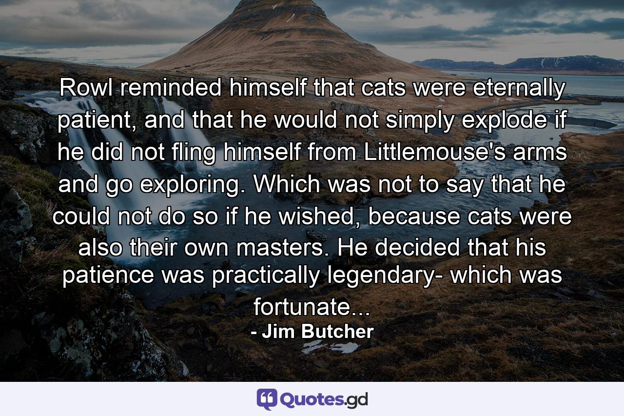 Rowl reminded himself that cats were eternally patient, and that he would not simply explode if he did not fling himself from Littlemouse's arms and go exploring. Which was not to say that he could not do so if he wished, because cats were also their own masters. He decided that his patience was practically legendary- which was fortunate... - Quote by Jim Butcher