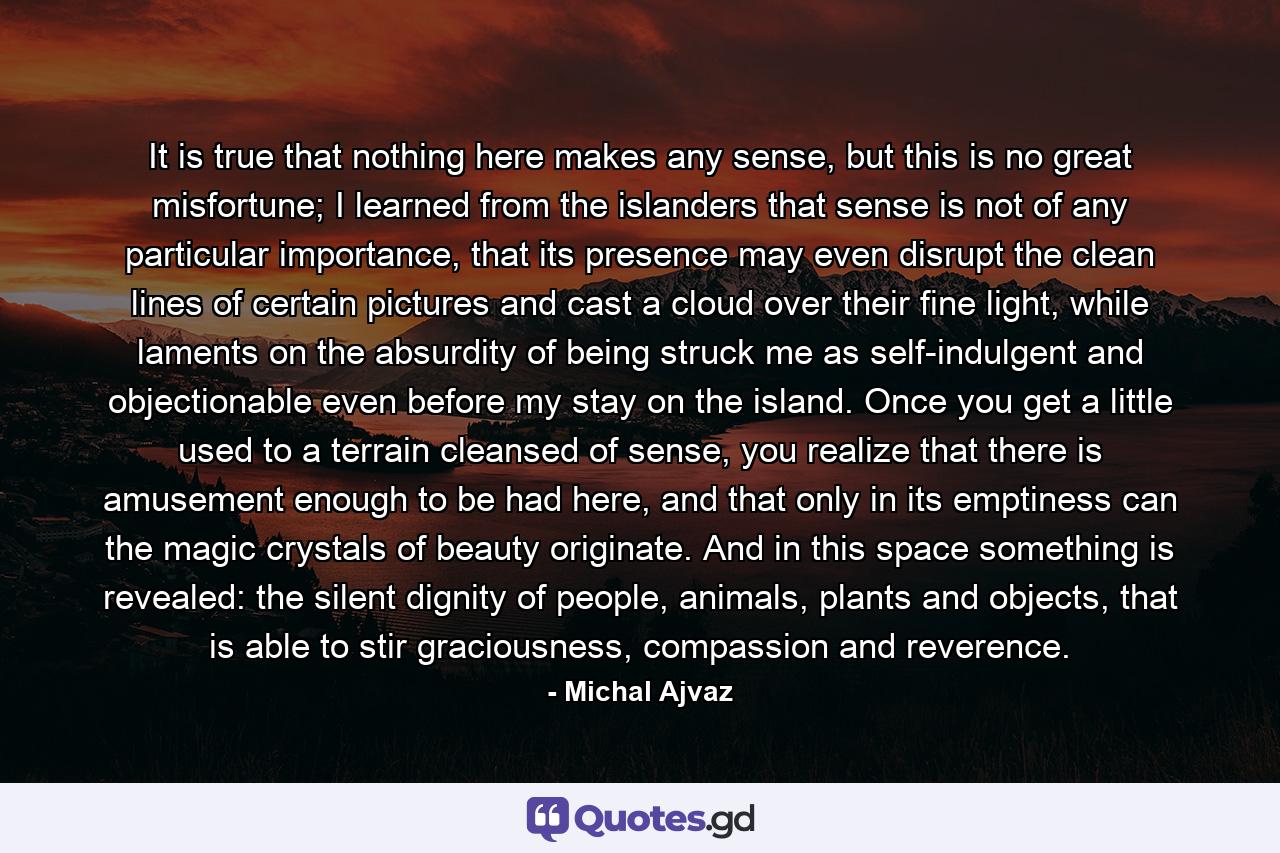 It is true that nothing here makes any sense, but this is no great misfortune; I learned from the islanders that sense is not of any particular importance, that its presence may even disrupt the clean lines of certain pictures and cast a cloud over their fine light, while laments on the absurdity of being struck me as self-indulgent and objectionable even before my stay on the island. Once you get a little used to a terrain cleansed of sense, you realize that there is amusement enough to be had here, and that only in its emptiness can the magic crystals of beauty originate. And in this space something is revealed: the silent dignity of people, animals, plants and objects, that is able to stir graciousness, compassion and reverence. - Quote by Michal Ajvaz