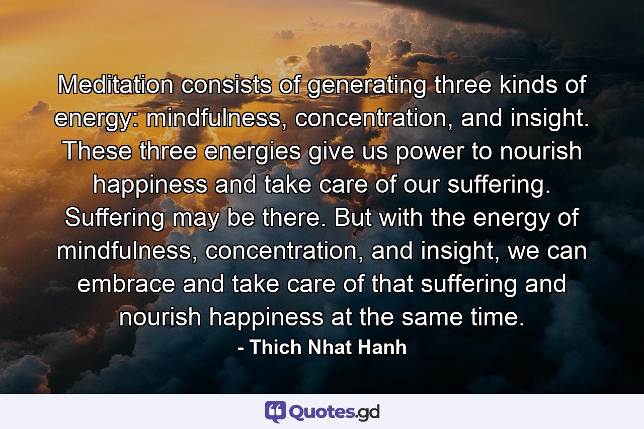 Meditation consists of generating three kinds of energy: mindfulness, concentration, and insight. These three energies give us power to nourish happiness and take care of our suffering. Suffering may be there. But with the energy of mindfulness, concentration, and insight, we can embrace and take care of that suffering and nourish happiness at the same time. - Quote by Thich Nhat Hanh