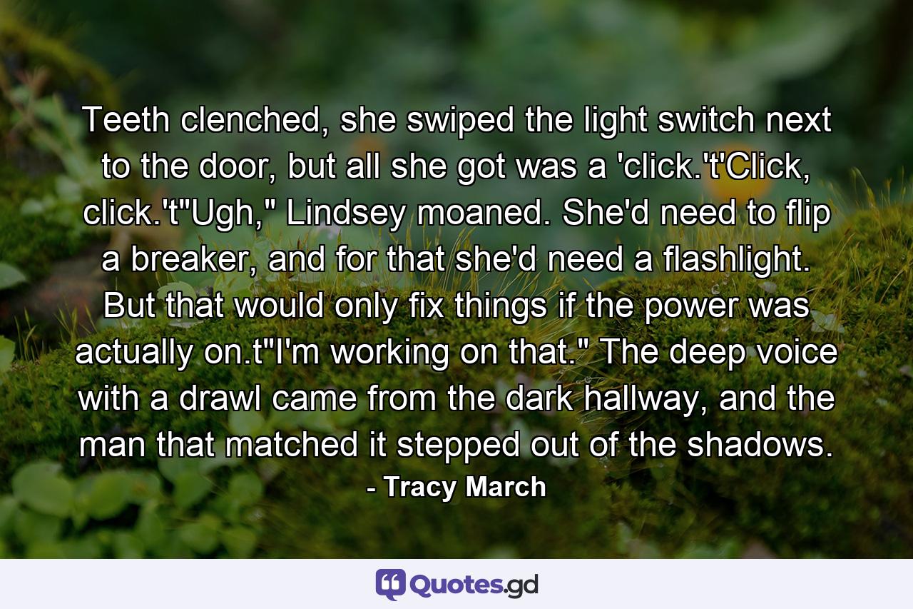 Teeth clenched, she swiped the light switch next to the door, but all she got was a 'click.'t'Click, click.'t