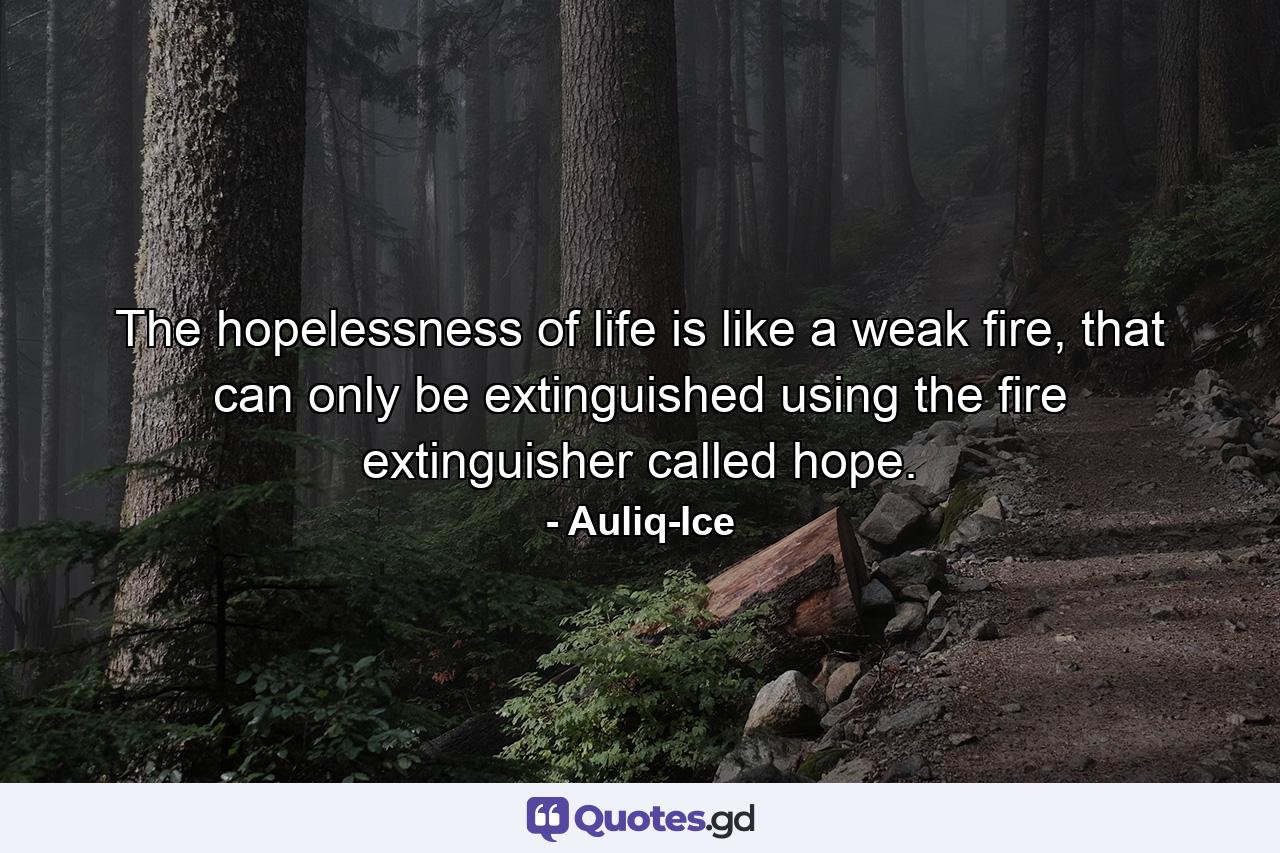 The hopelessness of life is like a weak fire, that can only be extinguished using the fire extinguisher called hope. - Quote by Auliq-Ice