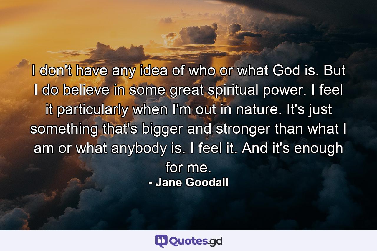 I don't have any idea of who or what God is. But I do believe in some great spiritual power. I feel it particularly when I'm out in nature. It's just something that's bigger and stronger than what I am or what anybody is. I feel it. And it's enough for me. - Quote by Jane Goodall