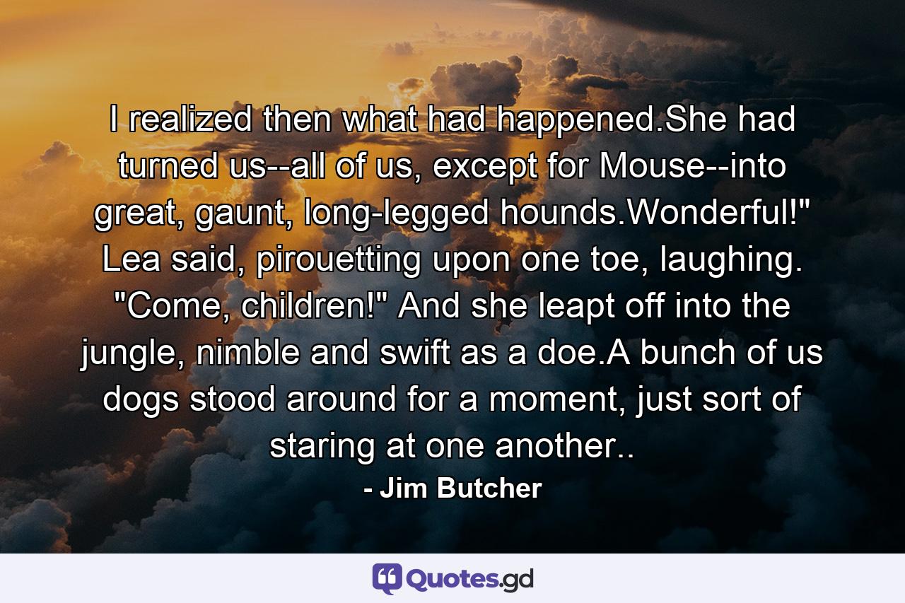 I realized then what had happened.She had turned us--all of us, except for Mouse--into great, gaunt, long-legged hounds.Wonderful!