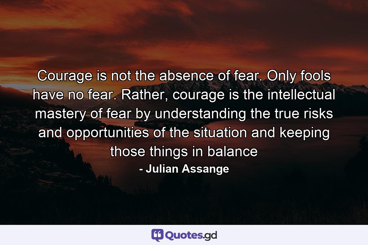 Courage is not the absence of fear. Only fools have no fear. Rather, courage is the intellectual mastery of fear by understanding the true risks and opportunities of the situation and keeping those things in balance - Quote by Julian Assange